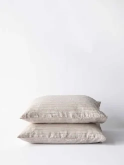 Tell Me More 2 Fundas de almohada Stonewashed lino 50x60 cm, Rayas de avellana MarrónBeige Outlet
