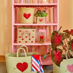 RICE Cesta con asas rafia 30x30 cm, Red hearts BeigeRojoRosa Outlet