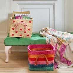 RICE Cesta con asas rafia 30x30 cm, Red hearts BeigeRojoRosa Outlet