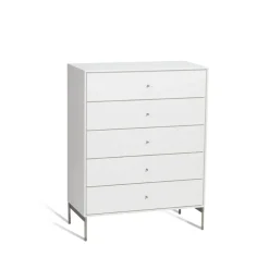 Mavis Cómoda Volt 5 cajones blanca, Detalles en acero inoxidable Blanco Sale