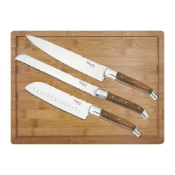 Hâws Cuchillos de chef Laguiole By con tabla de cortar, 4 piezas, Olivo-acero inoxidable-bambú MarrónPlateado