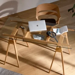 Design House Stockholm Escritorio Arco, Roble lacado transparente, incl. cajón, tablero de vidrio Beige Clearance