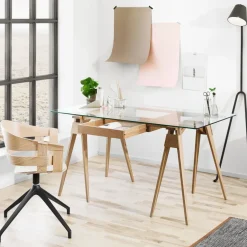 Design House Stockholm Escritorio Arco, Roble lacado transparente, incl. cajón, tablero de vidrio Beige Clearance