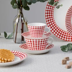 Gustavsbergs Porslinsfabrik Tazas De Té<Juego de té Eva, taza de té + platillo RojoBlanco